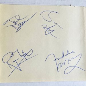 Queen band signed autographed 5×5.5 inch page Freddie Mercury Brian May autographs Prime Autographs - Top Celebrity Signatures Celebrity Signatures